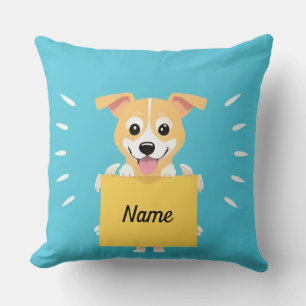 Adorable Cartoon Puppy Holding a Blank Sign Throw Pillow