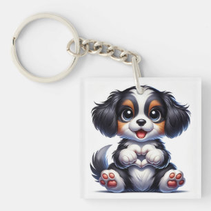 Adorable Cartoon Puppy Holding a Heart Keychain