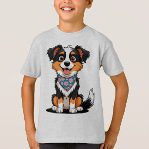 Adorable Cartoon Puppy With Floral Bandana T-Shirt