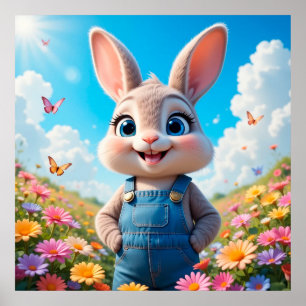 Adorable Cartoon Rabbit Smiling in Garden Poster