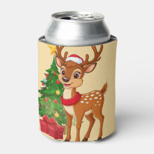 Adorable Cartoon Reindeer in Santa Hat Can Cooler