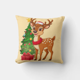 Adorable Cartoon Reindeer in Santa Hat Throw Pillow