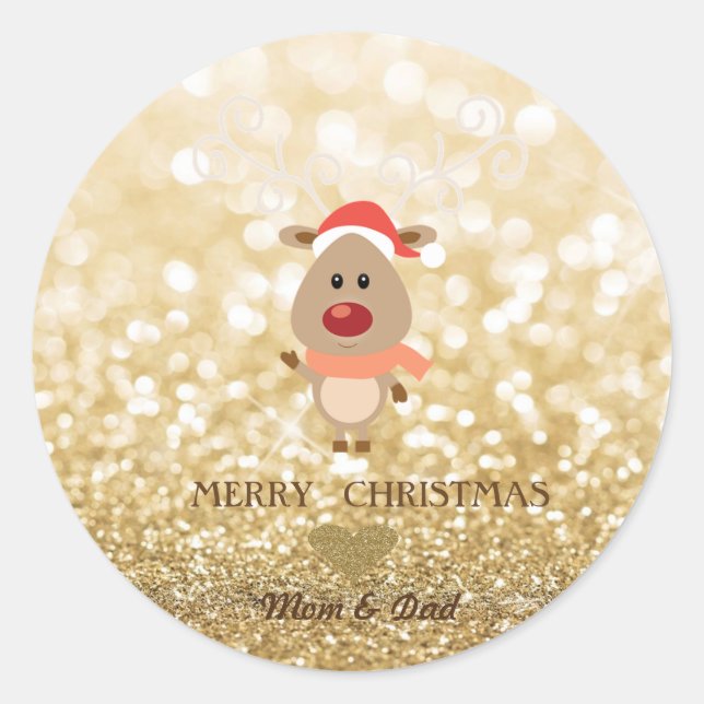 Adorable Cartoon Reindeer,Santa Hat,Glittery Bokeh Classic Round Sticker (Front)