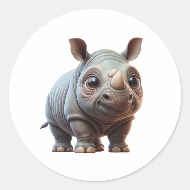 Adorable Cartoon Rhino Character Design Classic Round Sticker (Front)