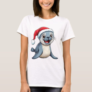 Adorable Cartoon Seal Wearing a Festive Santa Hat T-Shirt
