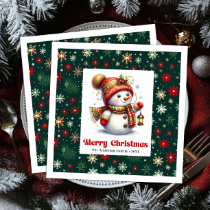 Adorable cartoon snowman with snowflakes kids napkin