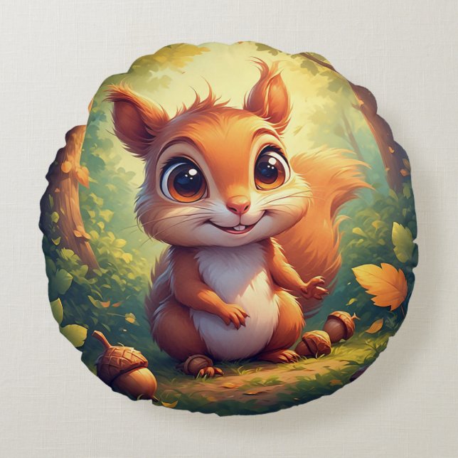 Adorable Cartoon Squirrel Character in Forest Round Pillow (Front)