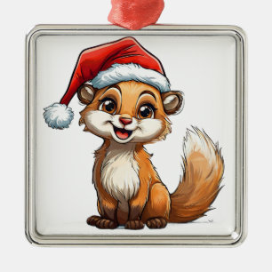 Adorable Cartoon Squirrel in Santa Hat Metal Ornament