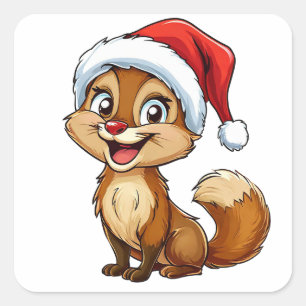 Adorable Cartoon Squirrel in Santa Hat Square Sticker