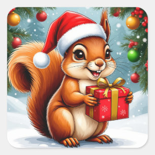 Adorable Cartoon Squirrel Square Sticker