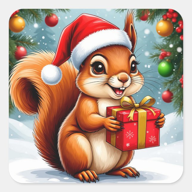 Adorable Cartoon Squirrel Square Sticker (Front)