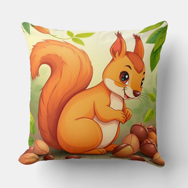 Adorable Cartoon Squirrel With Nuts Throw Pillow (Front)