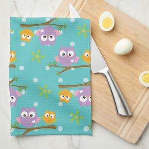Adorable Cartoon Style Owls on Branch Print Kitchen Towel