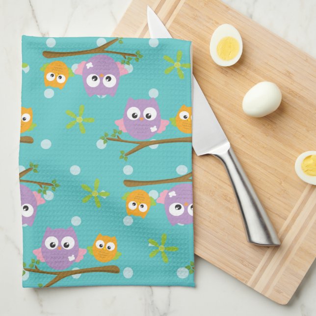 Adorable Cartoon Style Owls on Branch Print Kitchen Towel (Quarter Fold)