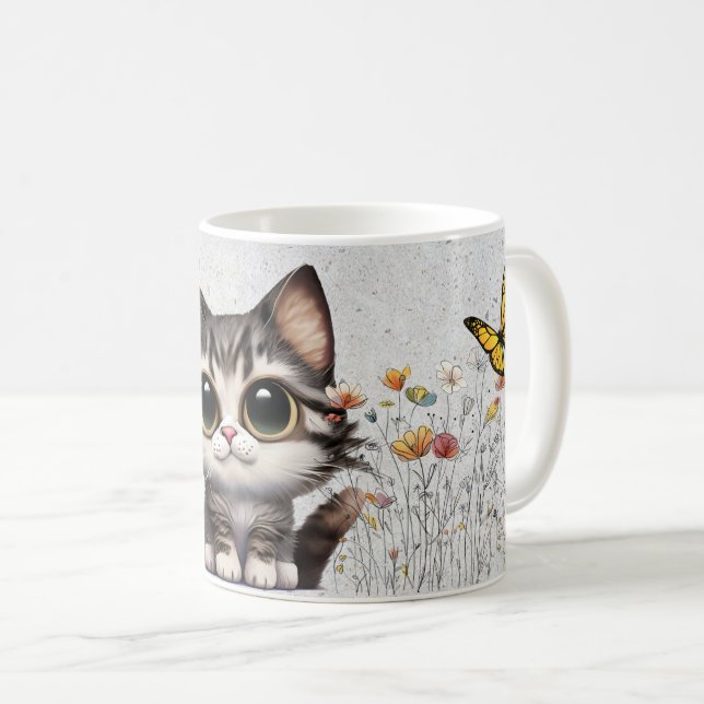 Adorable cartoon Tabby Cat, flowers & butterflies Coffee Mug (Front Right)