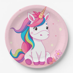 Adorable Cartoon Unicorn With Rainbow Mane Paper Plate