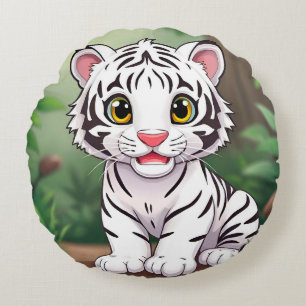 Adorable Cartoon White Tiger Cub Round Pillow