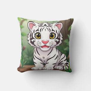 Adorable Cartoon White Tiger Cub Throw Pillow