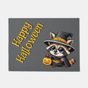 Adorable cartoon witch raccoon doormat