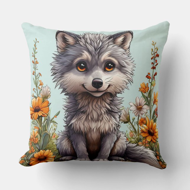 Adorable Cartoon Wolf  Throw Pillow (Front)