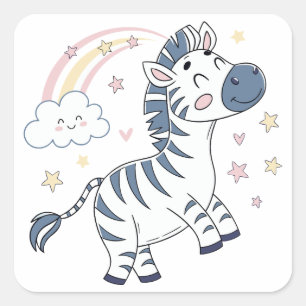 Adorable Cartoon Zebra with Rainbow and Stars    Square Sticker