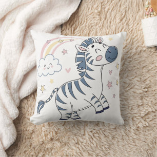 Adorable Cartoon Zebra with Rainbow and Stars Throw Pillow
