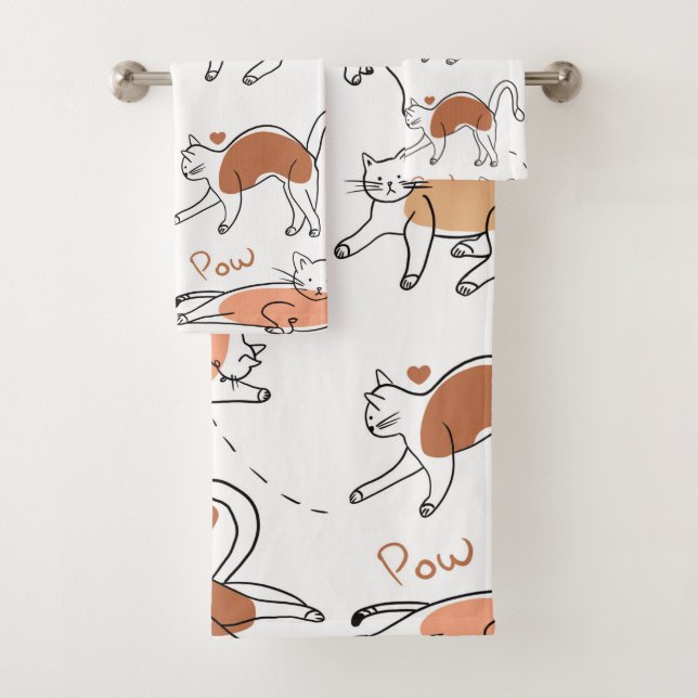 Adorable cartoons pastel pattern Cats white brown Bath Towel Set (Insitu)