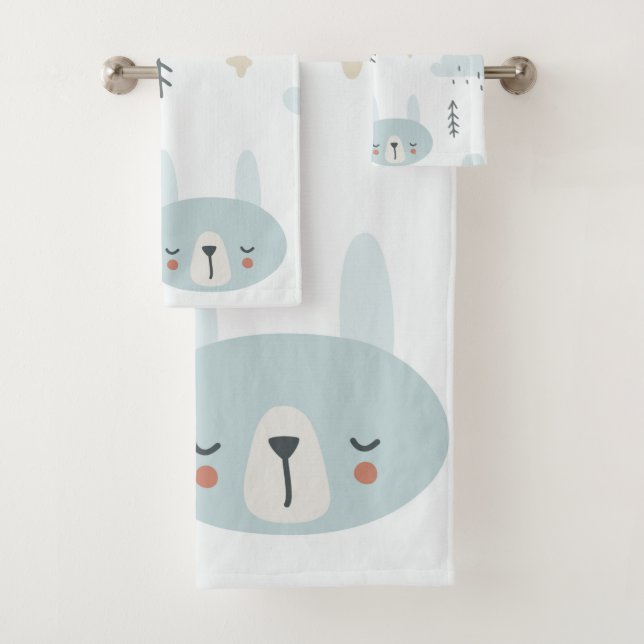 Adorable cartoons pastel pattern kids white blue bath towel set (Insitu)
