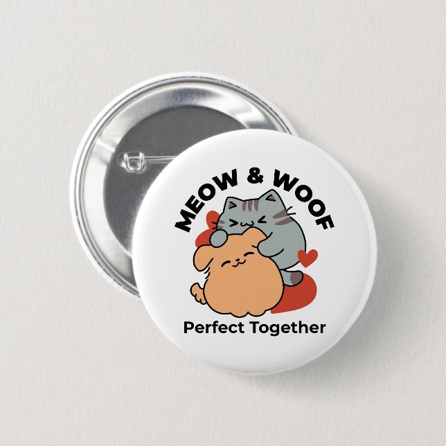 Adorable Cat and Dog Hug – Meow & Woof Design 2 Inch Round Button (Front & Back)