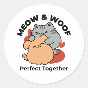 Adorable Cat and Dog Hug – Meow & Woof Design Classic Round Sticker
