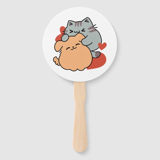 Adorable Cat and Dog Hug – Meow & Woof Design Hand Fan (Front)