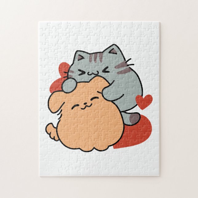 Adorable Cat and Dog Hug – Meow & Woof Design Jigsaw Puzzle (Vertical)