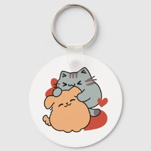 Adorable Cat and Dog Hug – Meow & Woof Design Keychain