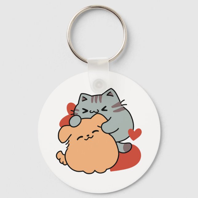 Adorable Cat and Dog Hug – Meow & Woof Design Keychain (Front)