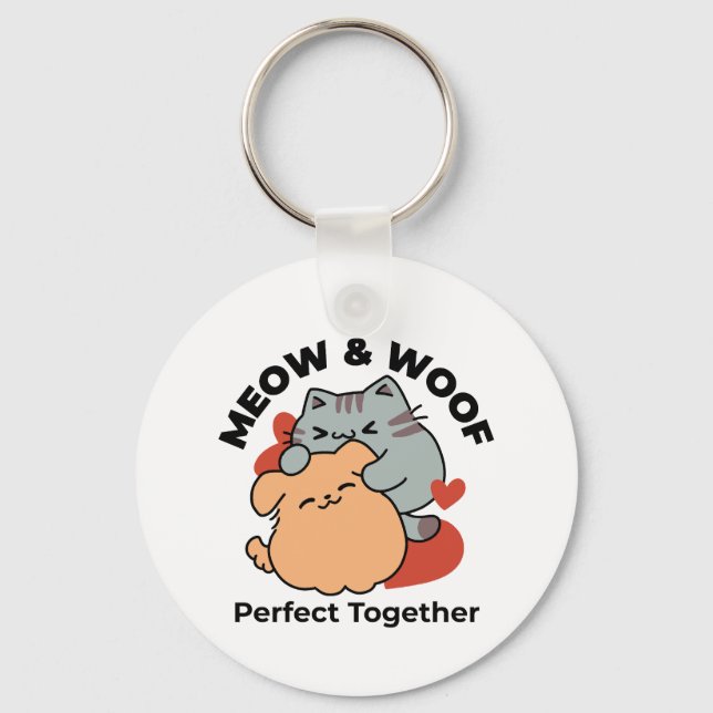 Adorable Cat and Dog Hug – Meow & Woof Design Keychain (Front)