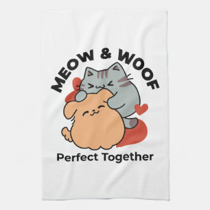 Adorable Cat and Dog Hug – Meow & Woof Design Kitchen Towel
