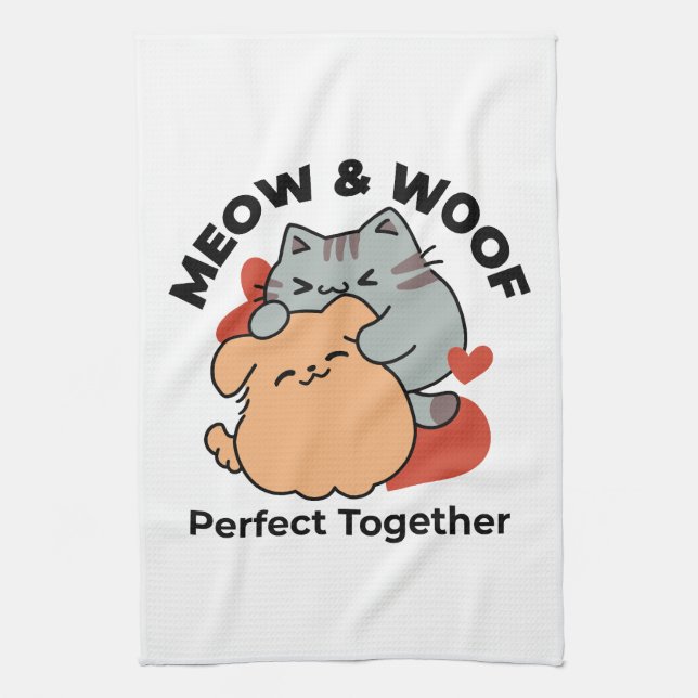 Adorable Cat and Dog Hug – Meow & Woof Design Kitchen Towel (Vertical)