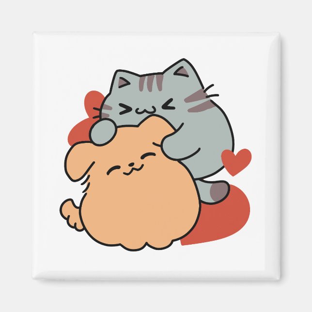 Adorable Cat and Dog Hug – Meow & Woof Design Magnet (Front)