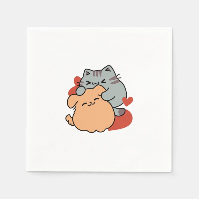 Adorable Cat and Dog Hug – Meow & Woof Design Napkin (Front)