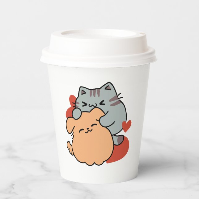 Adorable Cat and Dog Hug – Meow & Woof Design Paper Cups (Front)