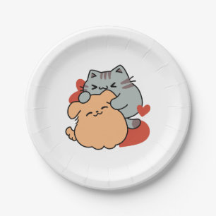 Adorable Cat and Dog Hug – Meow & Woof Design Paper Plate