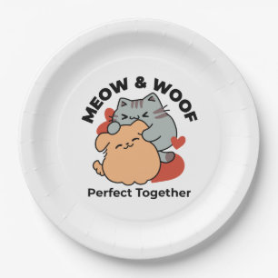 Adorable Cat and Dog Hug – Meow & Woof Design Paper Plate