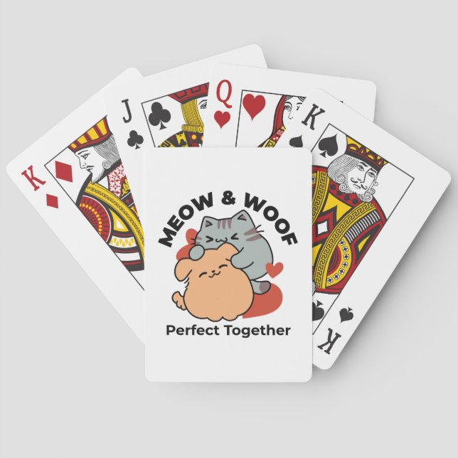 Adorable Cat and Dog Hug – Meow & Woof Design Playing Cards (Back)