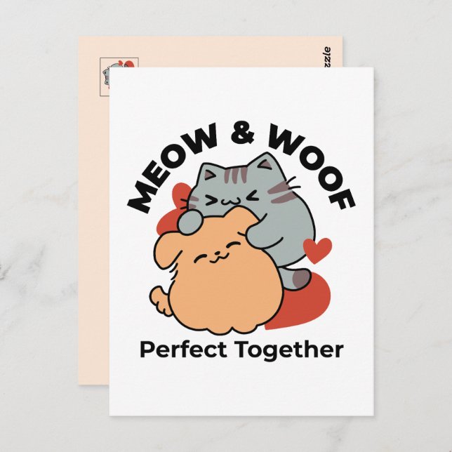 Adorable Cat and Dog Hug – Meow & Woof Design Postcard (Front/Back)