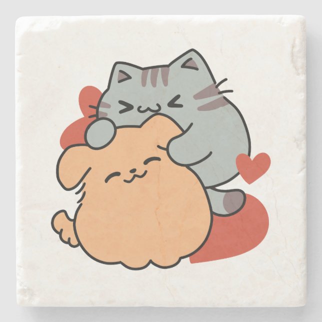 Adorable Cat and Dog Hug – Meow & Woof Design Stone Coaster (Front)