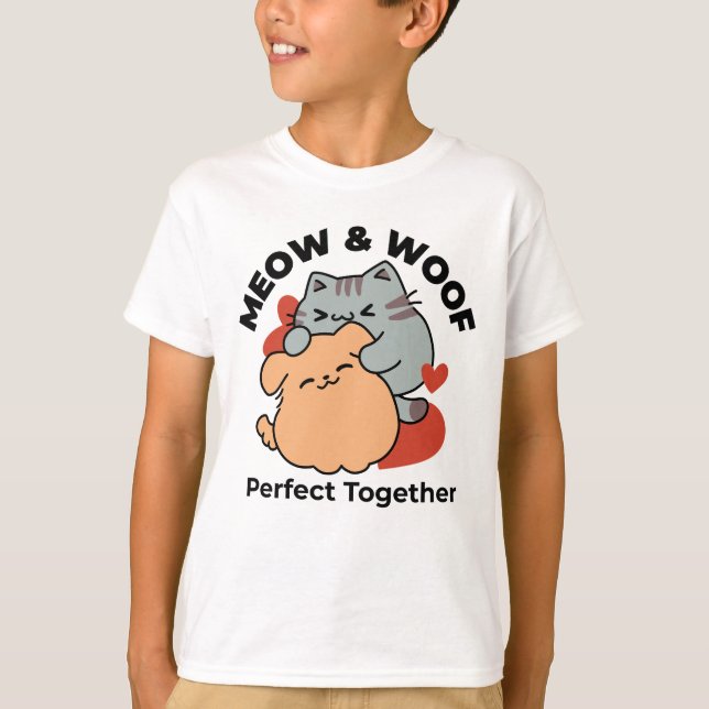 Adorable Cat and Dog Hug – Meow & Woof Design T-Shirt (Front)