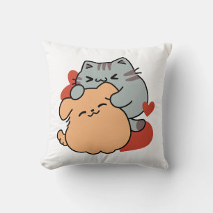 Adorable Cat and Dog Hug – Meow & Woof Design Throw Pillow