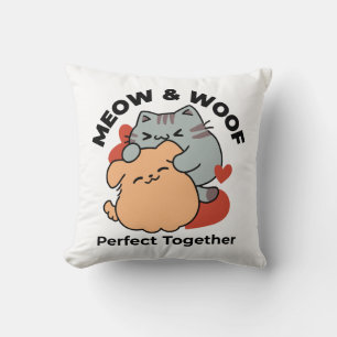 Adorable Cat and Dog Hug – Meow & Woof Design Throw Pillow