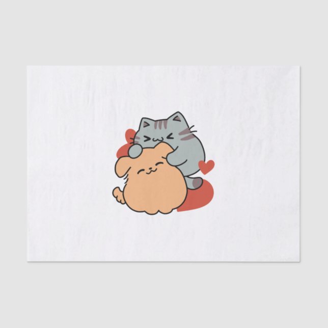 Adorable Cat and Dog Hug – Meow & Woof Design Tissue Paper (Front)