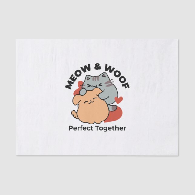 Adorable Cat and Dog Hug – Meow & Woof Design Tissue Paper (Front)